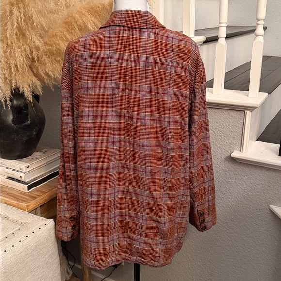 Free People Linen Blend Slouchy Simply Plaid Blazer Size Medium - Picture 6 of 8